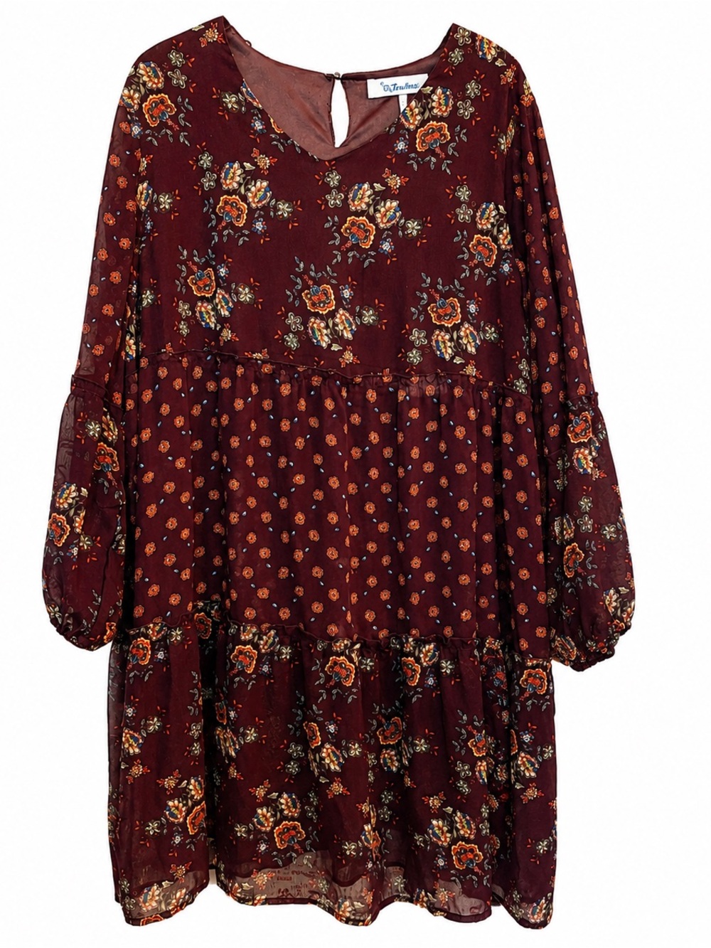 Tantrums XL Burgundy Floral Boho Tiered Long Sleeve Dress